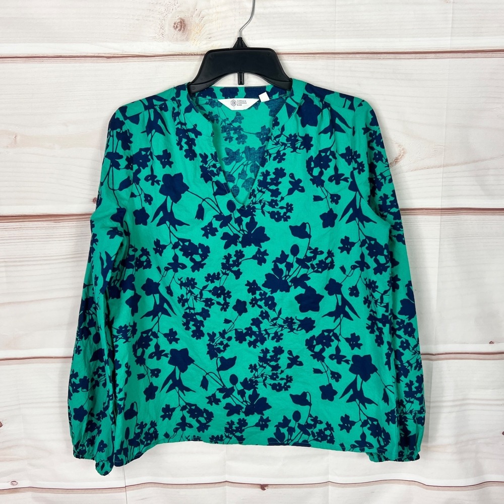 Candace Cameron Bure Top Womens S Green Blue Cotton Blouse Floral Balloon Sleeve
